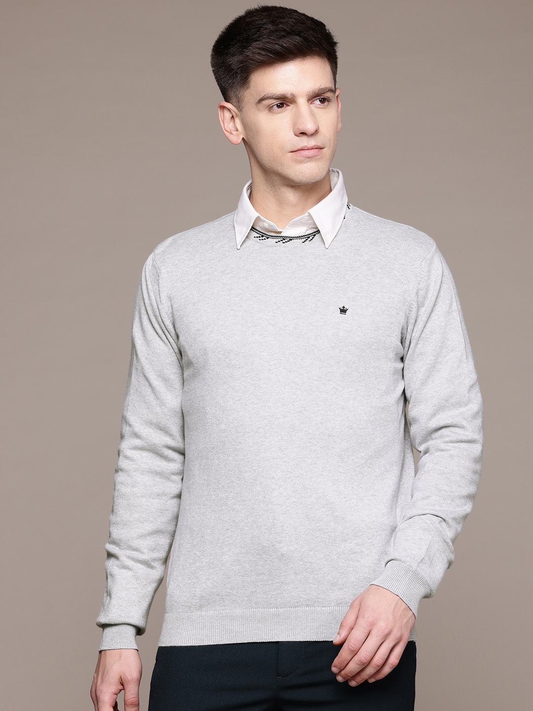 

Louis Philippe Pure Cotton Longline Knitted Pullover, Grey melange