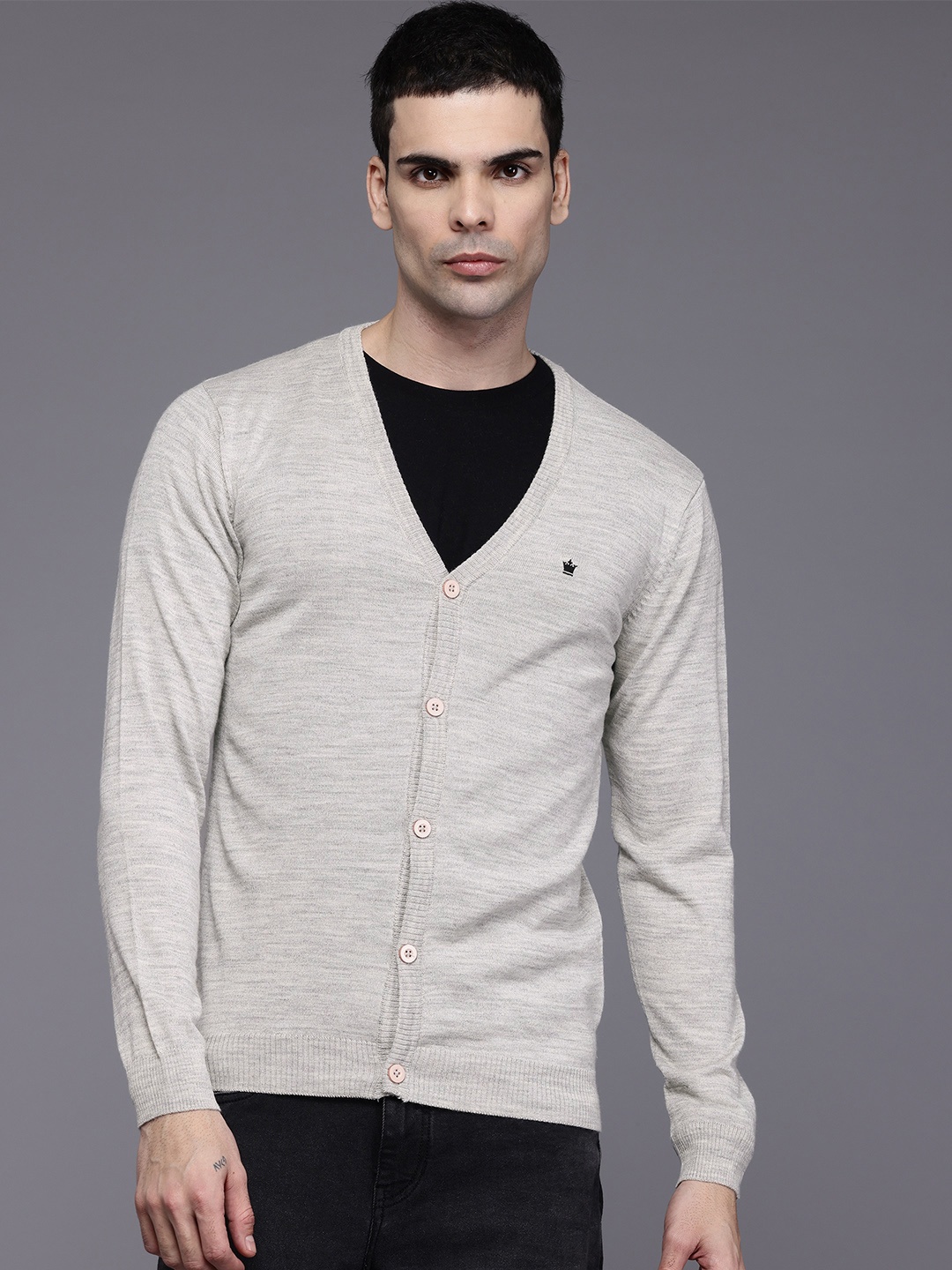 

Louis Philippe V-Neck Knitted Cardigan, Grey