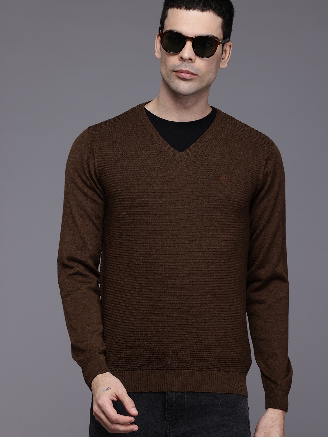 

Louis Philippe Self Striped Knitted Pullover, Brown