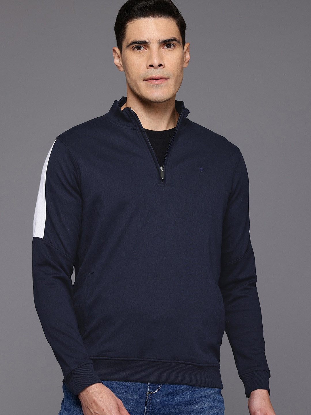 

Louis Philippe Colour Panelling Half Zipper Sweatshirt, Navy blue