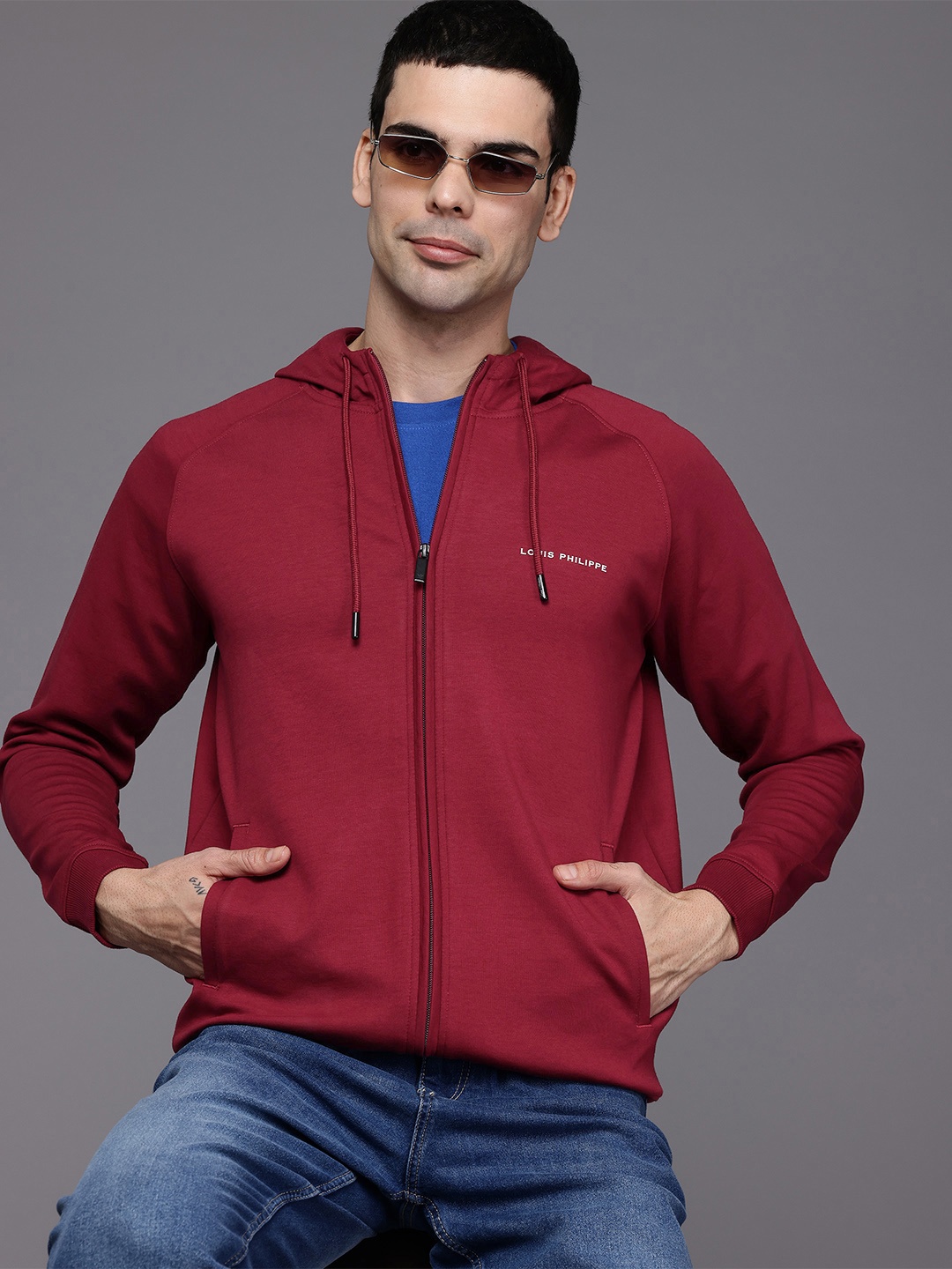 

Louis Philippe Zip closure Hooded Sweatshirt, Burgundy