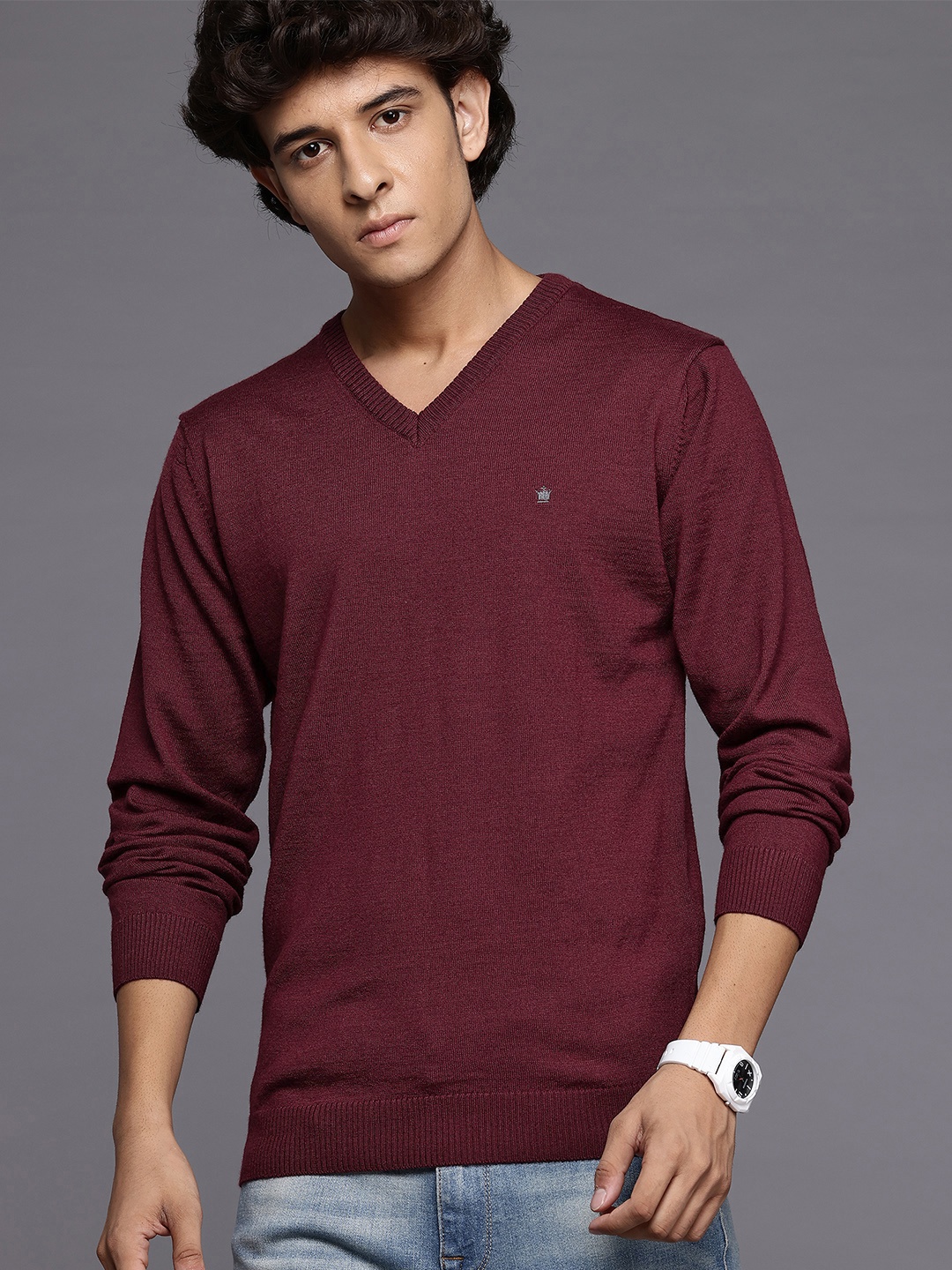 

Louis Philippe Long Sleeves V-Neck Sweater, Burgundy