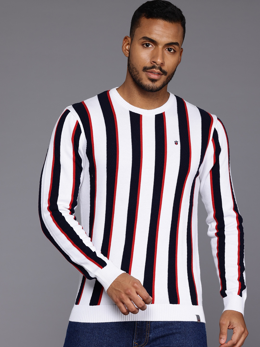 

Louis Philippe Pure Cotton Striped Pullover, White