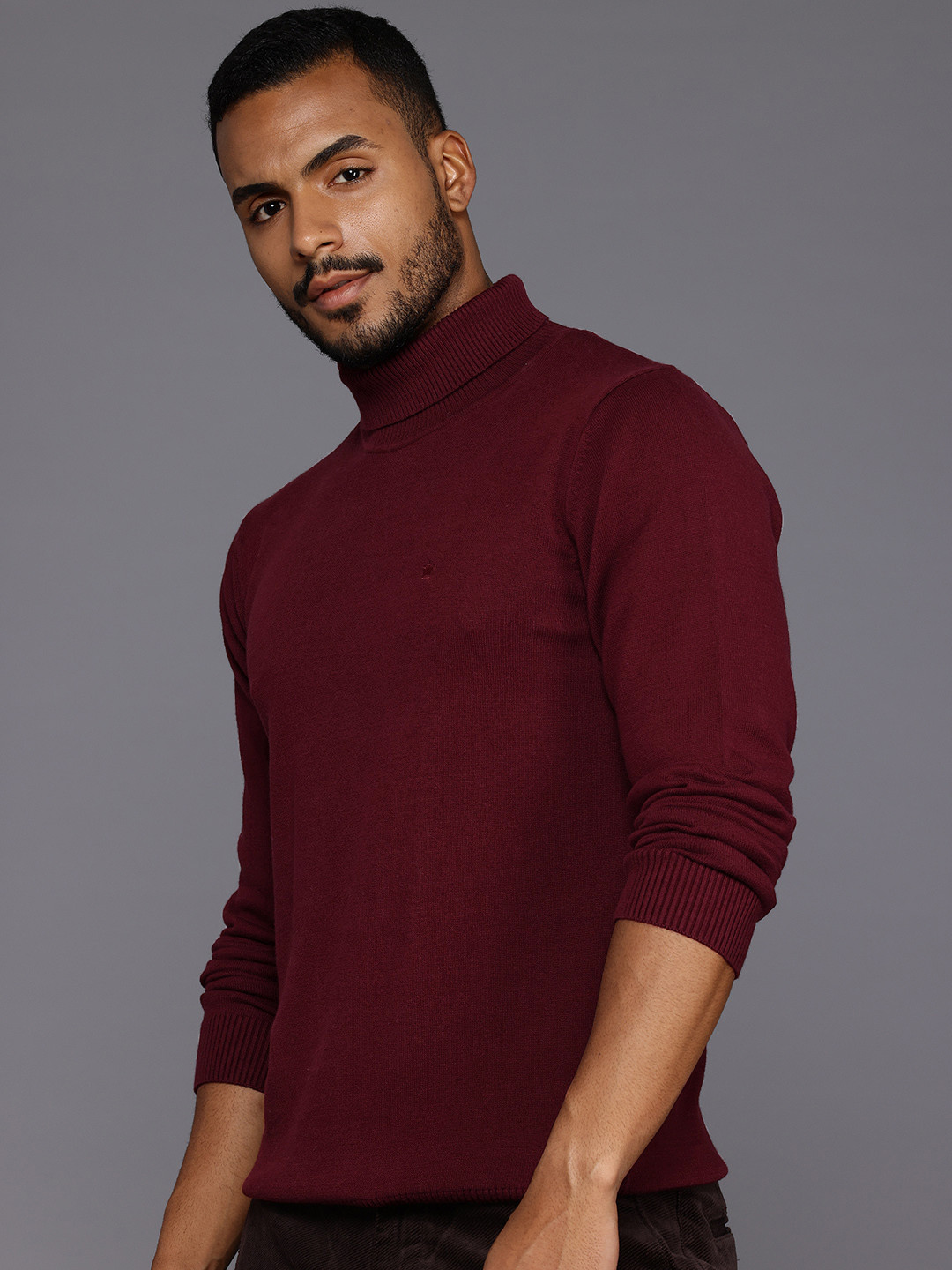

Louis Philippe Men Cotton Turtle Neck Pullover Sweater, Burgundy