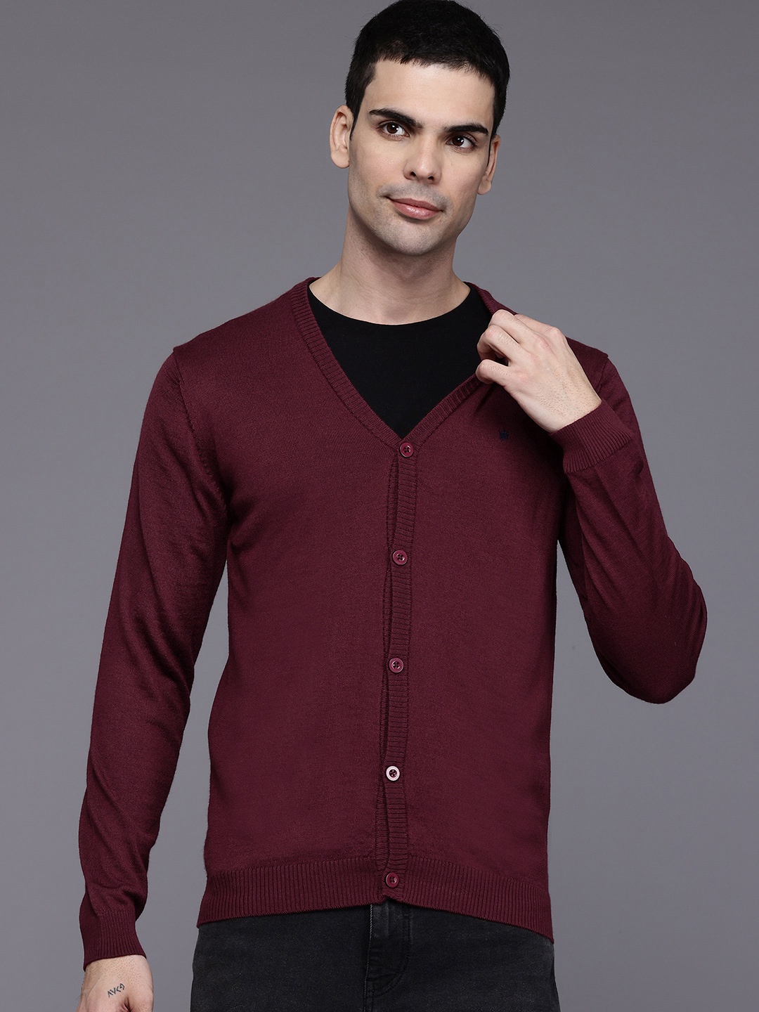 

Louis Philippe V-Neck Knitted Cardigan, Maroon