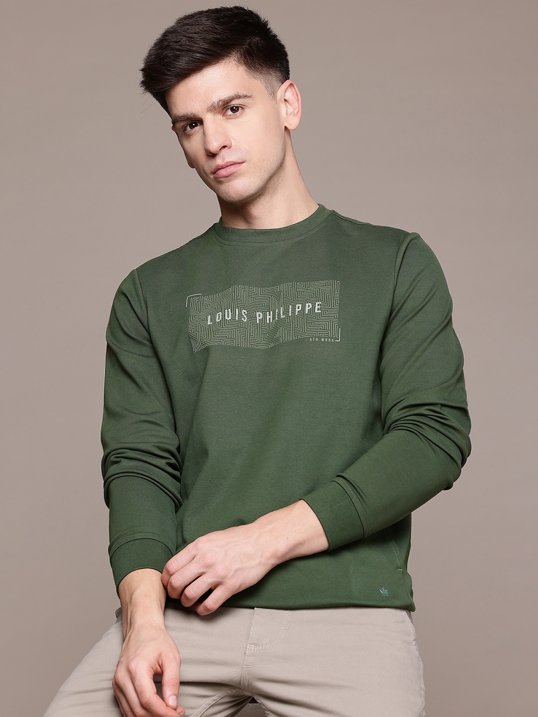 

Louis Philippe Ath.Work Men Slim Fit Printed Sweatshirt, Olive