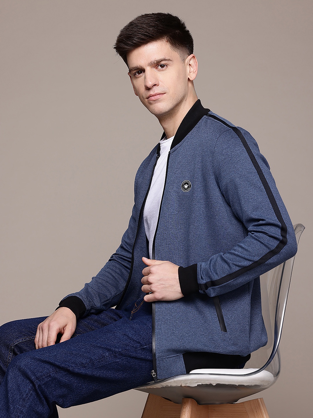 

Louis Philippe ATHPLAY Mock Collar Open-Front Sweatshirt, Blue