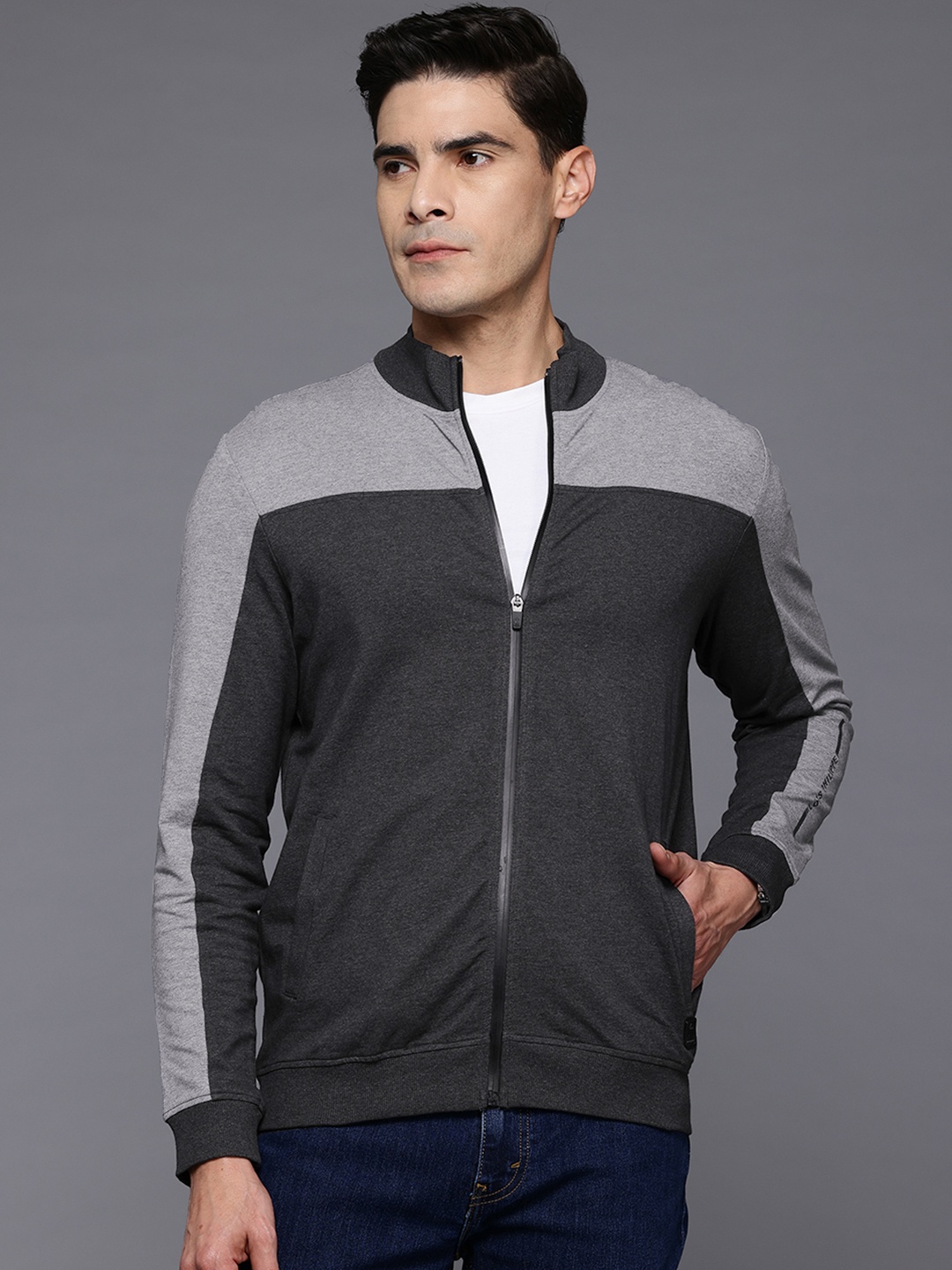 

Louis Philippe ATHPLAY Men Colourblocked Sweatshirt, Charcoal