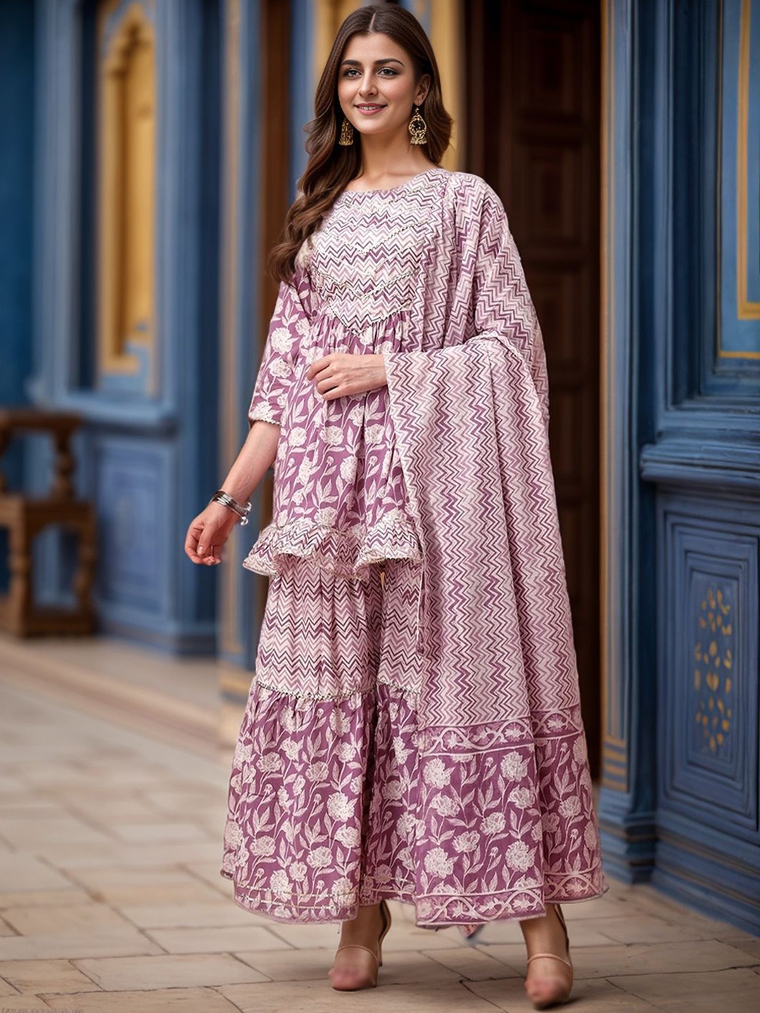 

KALINI Floral Printed Tiered Gotta Patti Pure Cotton Anarkali Kurti With Sharara & Dupatta, Purple