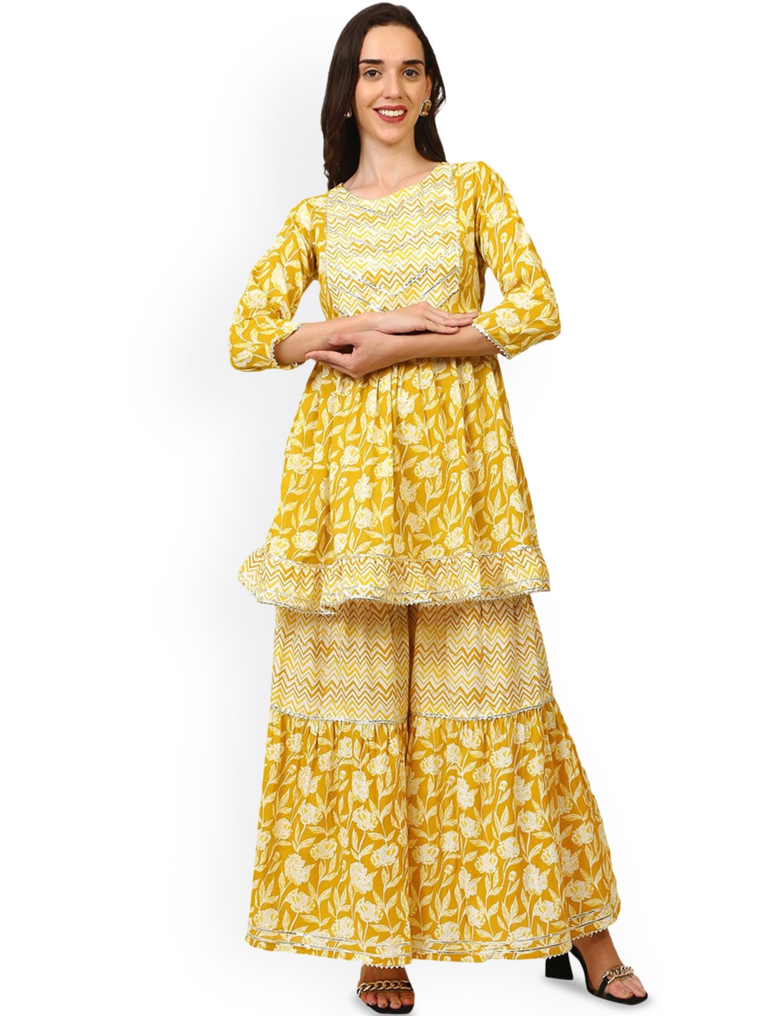 

KALINI Floral Printed Tiered Gotta Patti Pure Cotton Anarkali Kurti With Sharara & Dupatta, Mustard