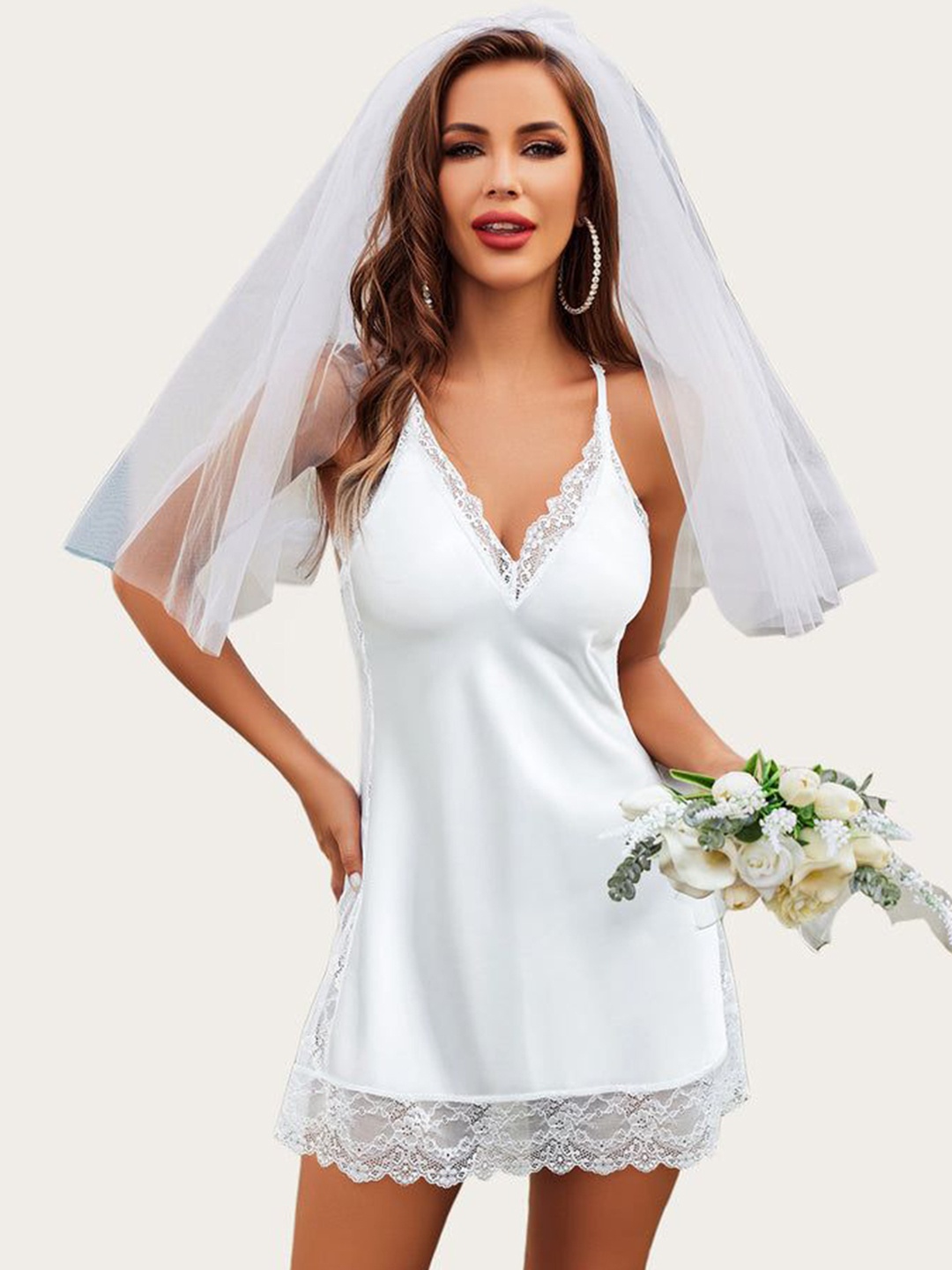 

Softwrap Lace Shoulder Straps Satin Baby Doll, White