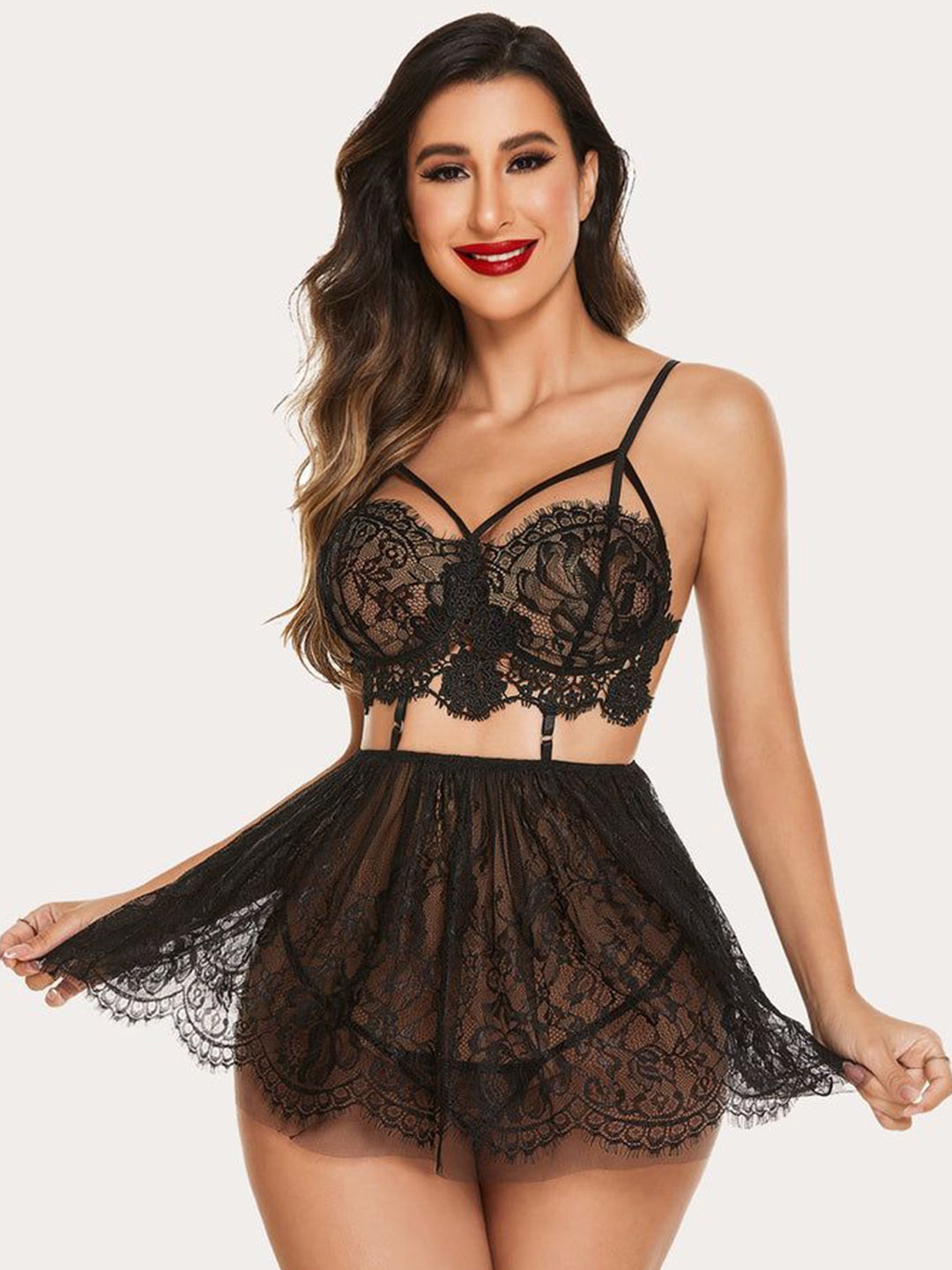 

Softwrap Lace Shoulder Straps Baby Doll, Black