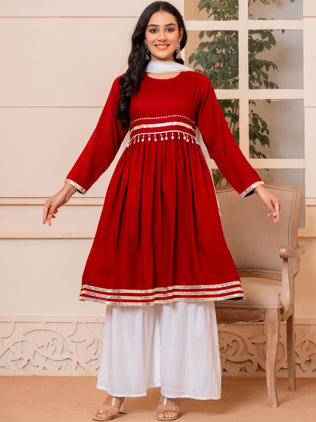 

SHOOLIN Regular Beads and Stones A-Line Kurta with Sharara & With Dupatta, Maroon