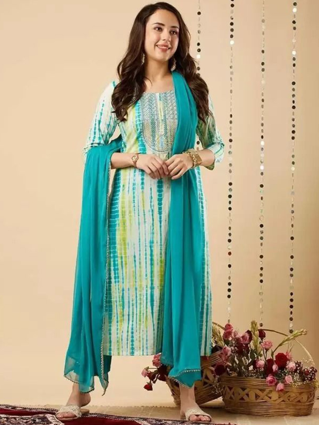 

SHOOLIN Abstract Printed Thread Work Straight Kurta With Trousers & Dupatta, Turquoise blue