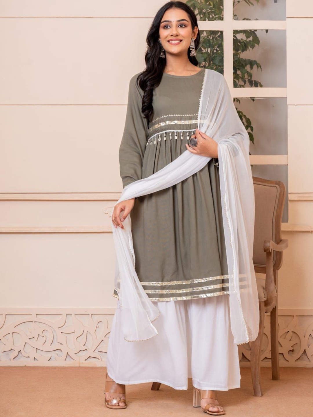 

SHOOLIN Women Empire Beads and Stones Kurta with Sharara & With Dupatta, Grey