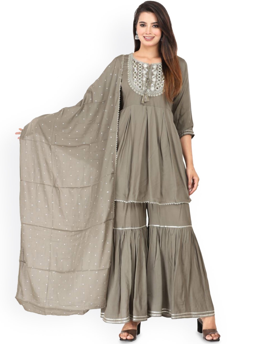 

SHOOLIN Ethnic Motifs Yoke Design Mirror Work A-Line Kurta With Sharara & With Dupatta, Grey