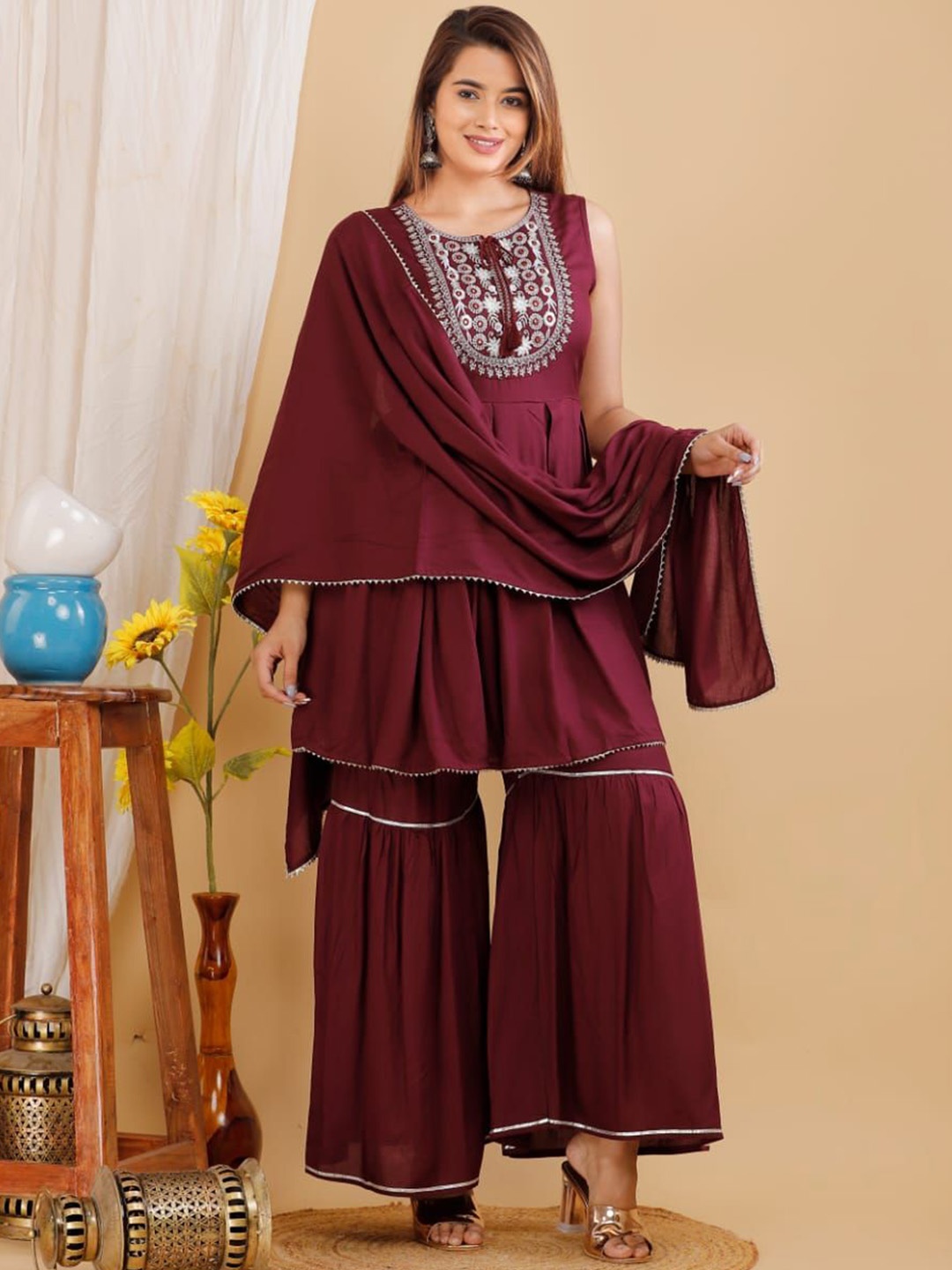 

SHOOLIN Ethnic Motifs Yoke Design Mirror Work A-Line Kurta With Sharara & With Dupatta, Burgundy