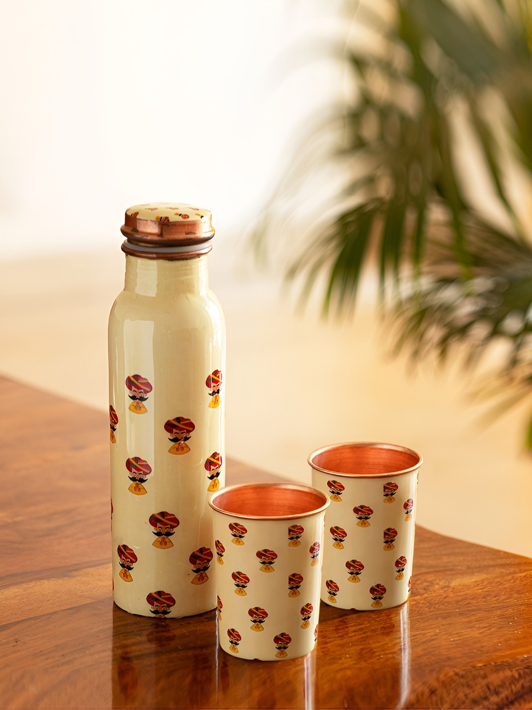 

ExclusiveLane Cream Rajasthani Folk Musicians Copper Printed Water Bottle & Glasses 1l