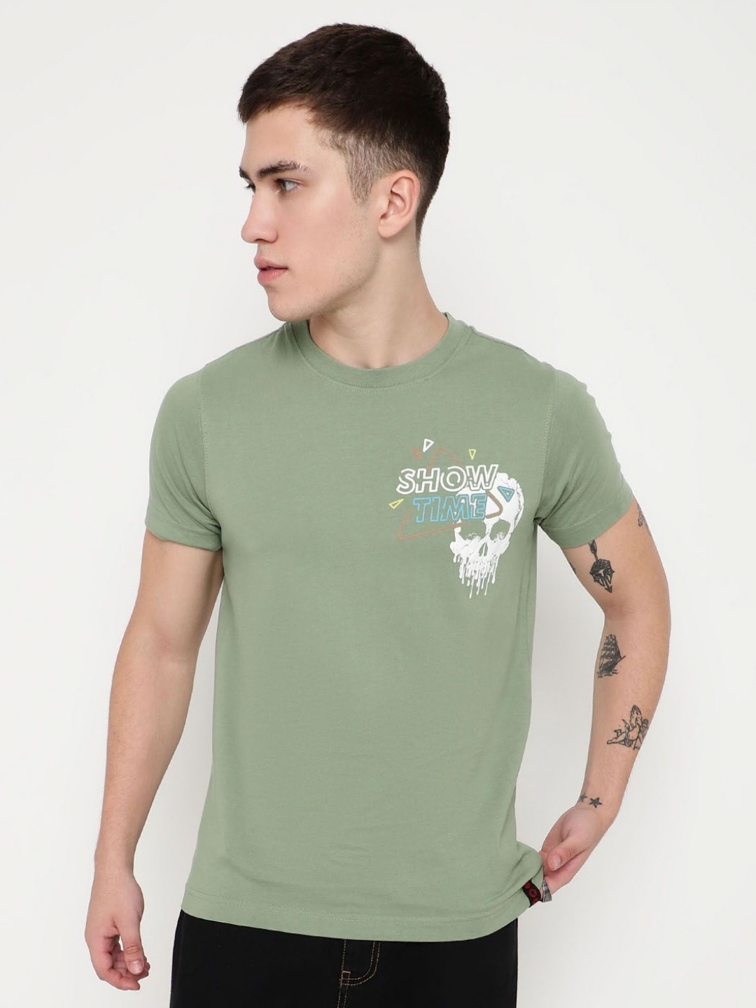 

PUNK Men Printed Round Neck Cotton Tshirt, Olive