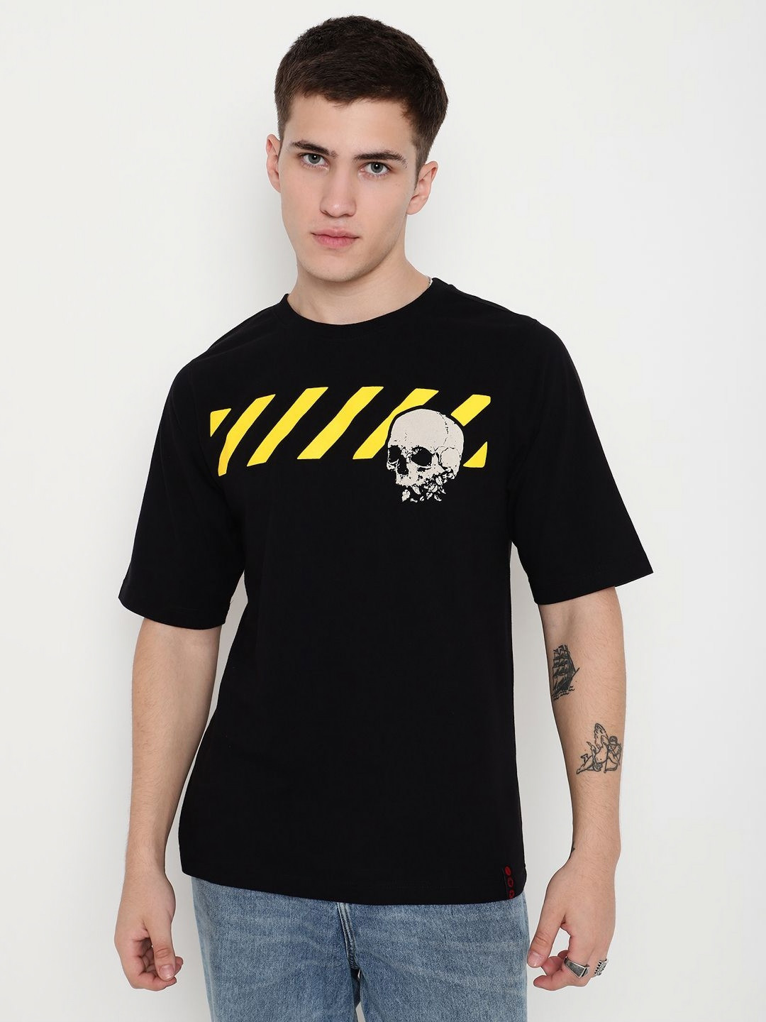 

PUNK Men Printed Round Neck Cotton Oversized Tshirt, Black