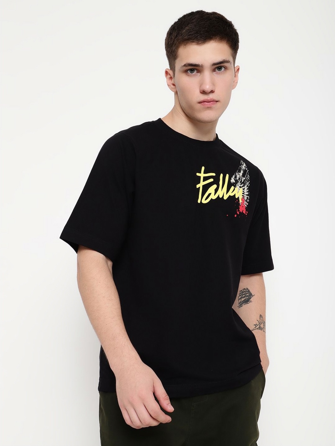 

PUNK Men Printed Round Neck Cotton Oversized Tshirt, Black