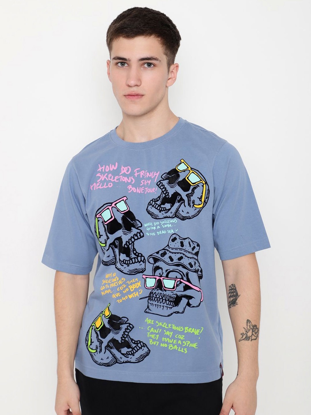 

PUNK Men Printed Round Neck Cotton Oversized Tshirt, Blue