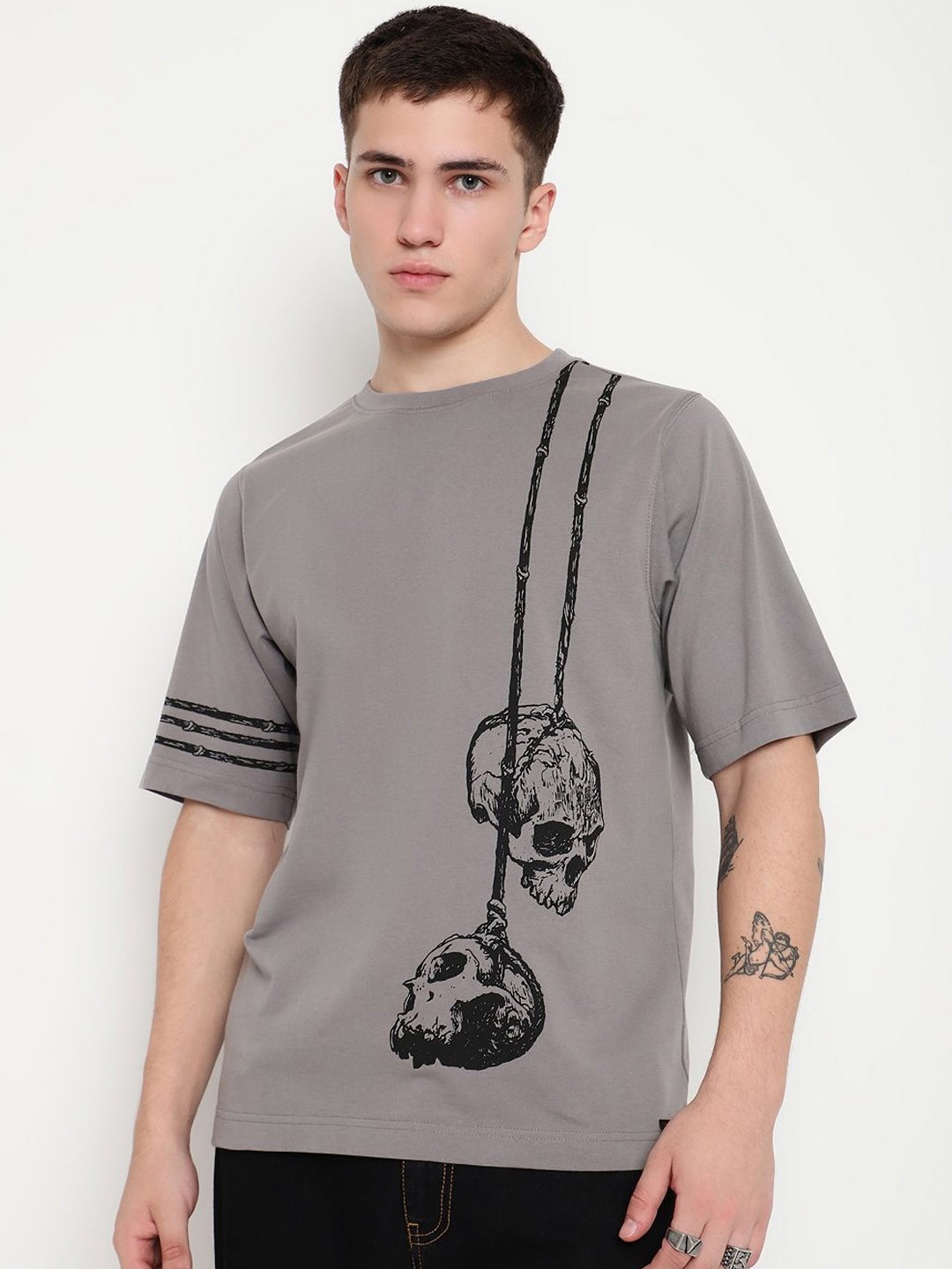 

PUNK Men Printed Round Neck Cotton Oversized Tshirt, Grey