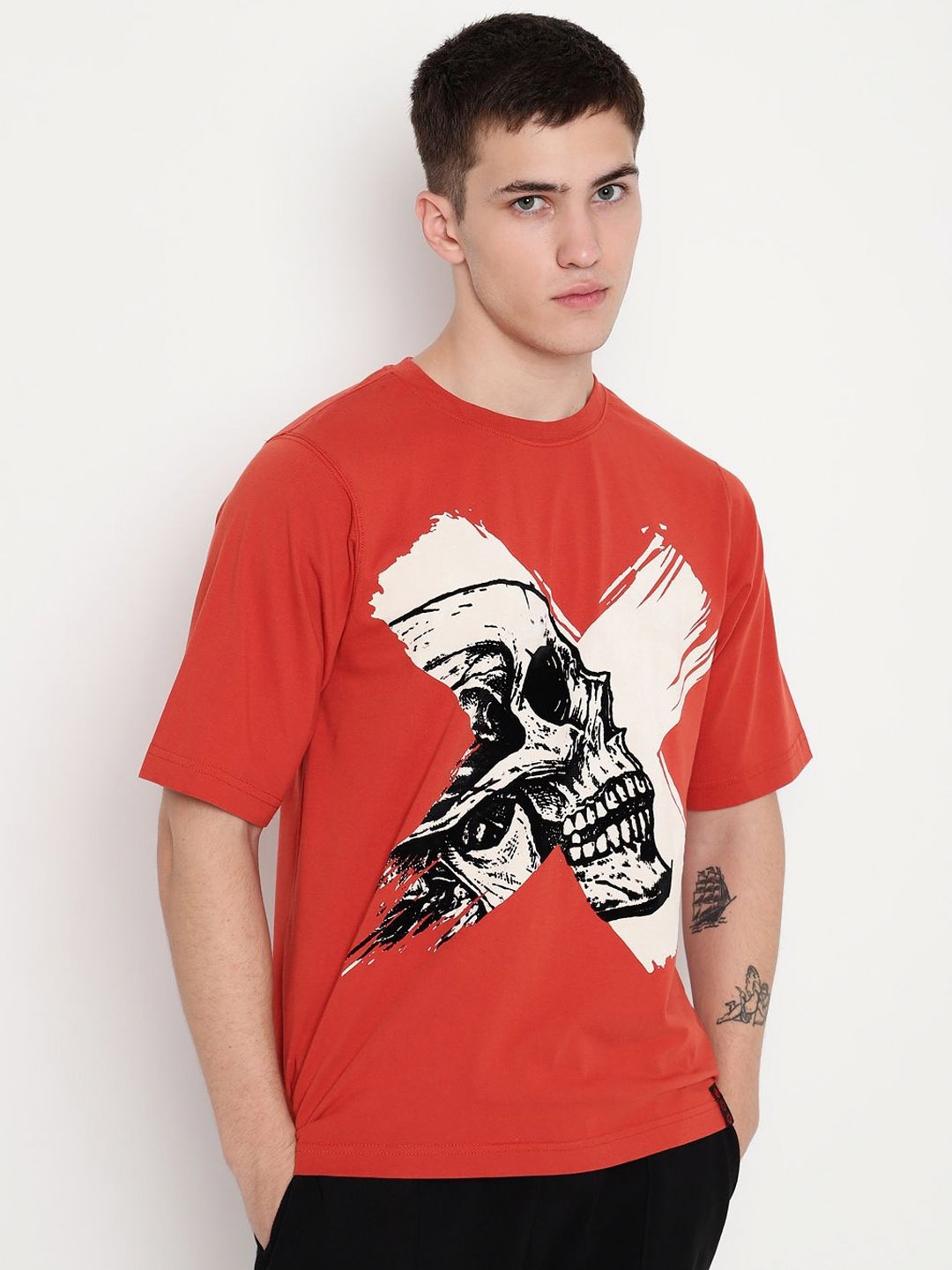 

PUNK Men Printed Round Neck Cotton Oversized Tshirt, Rust