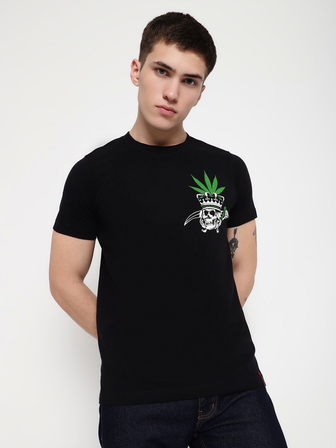 

PUNK Men Printed Round Neck Cotton Tshirt, Black