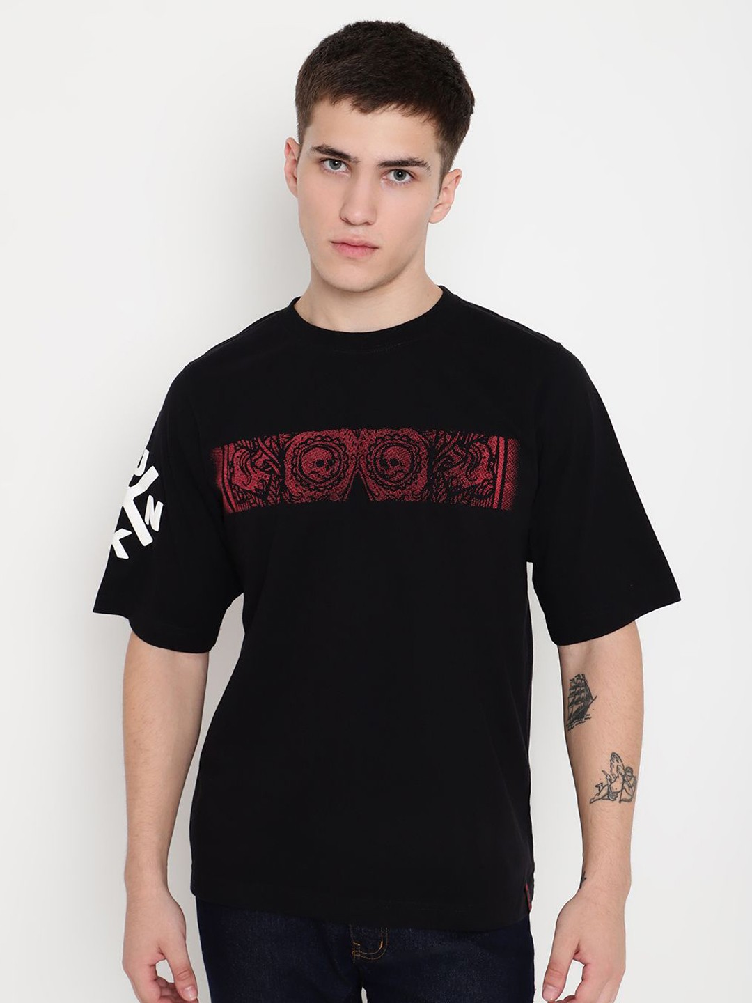 

PUNK Men Printed Round Neck Cotton Oversized Tshirt, Black