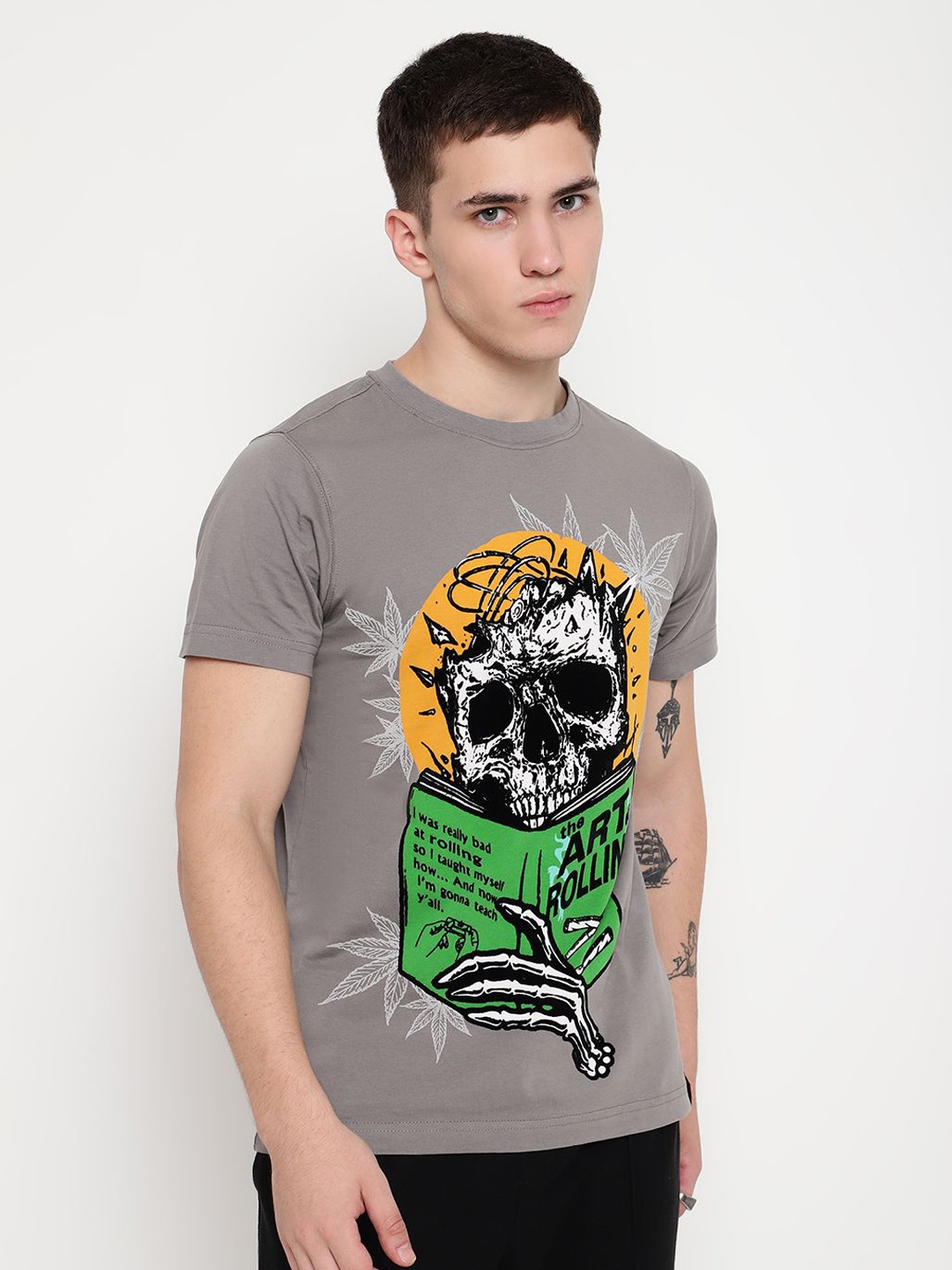

PUNK Men Printed Round Neck Cotton Tshirt, Grey