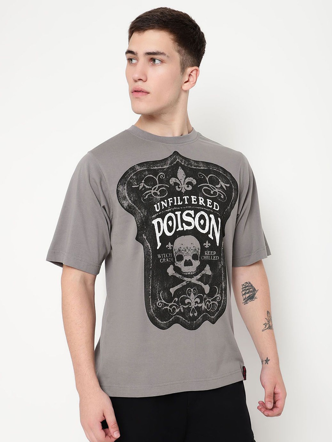 

PUNK Men Printed Round Neck Cotton Oversized Tshirt, Grey