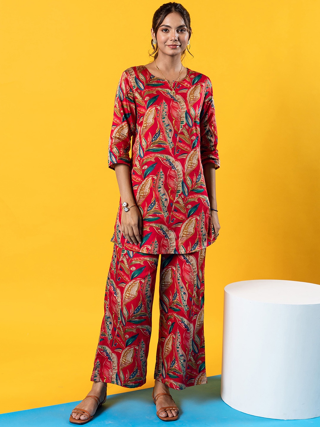 

HUKUM Tropical Printed Pure Cotton Tunic With Palazzos, Red