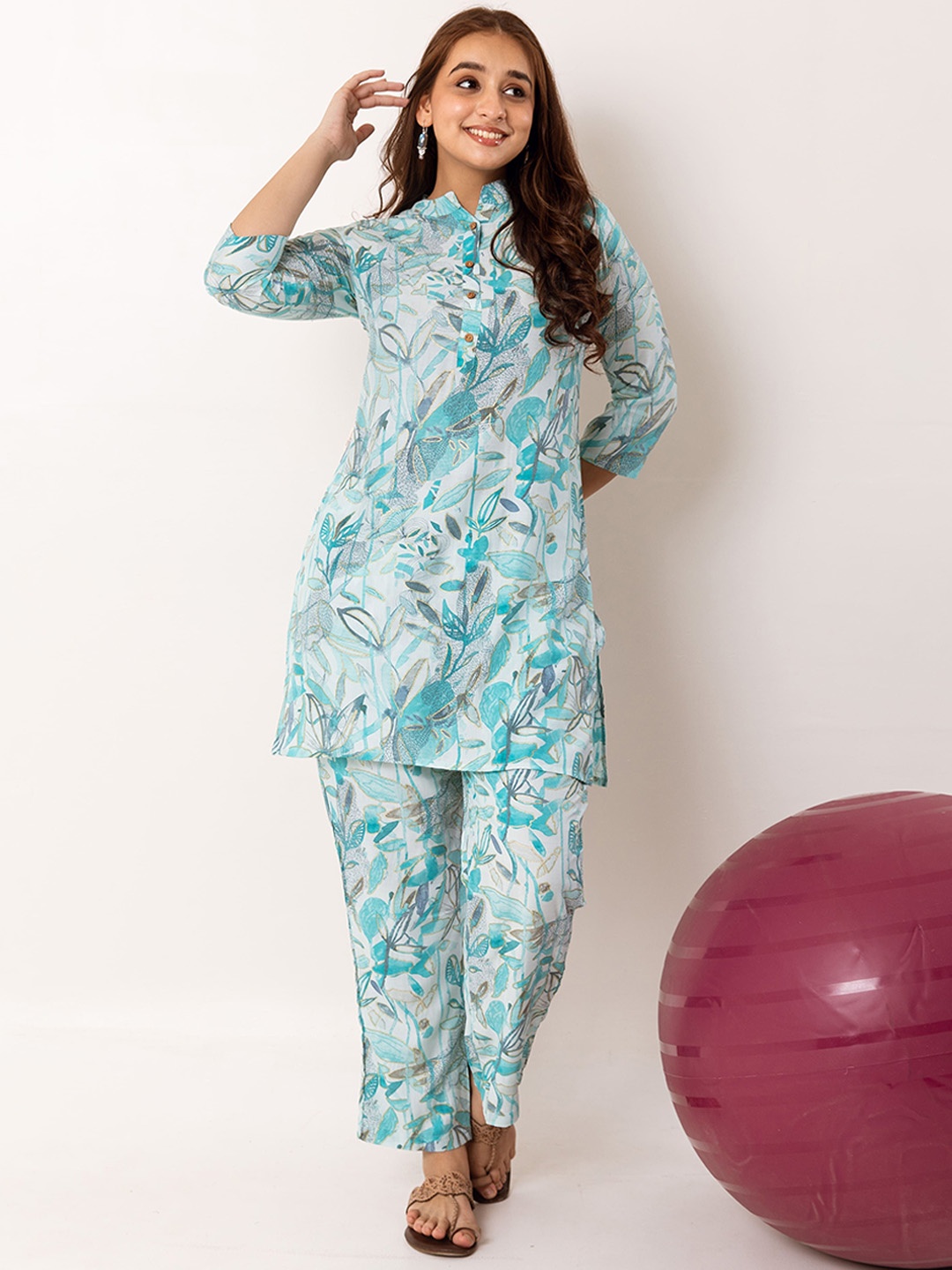 

HUKUM Floral Printed Mandarin Collar Tunic With Palazzos, Blue