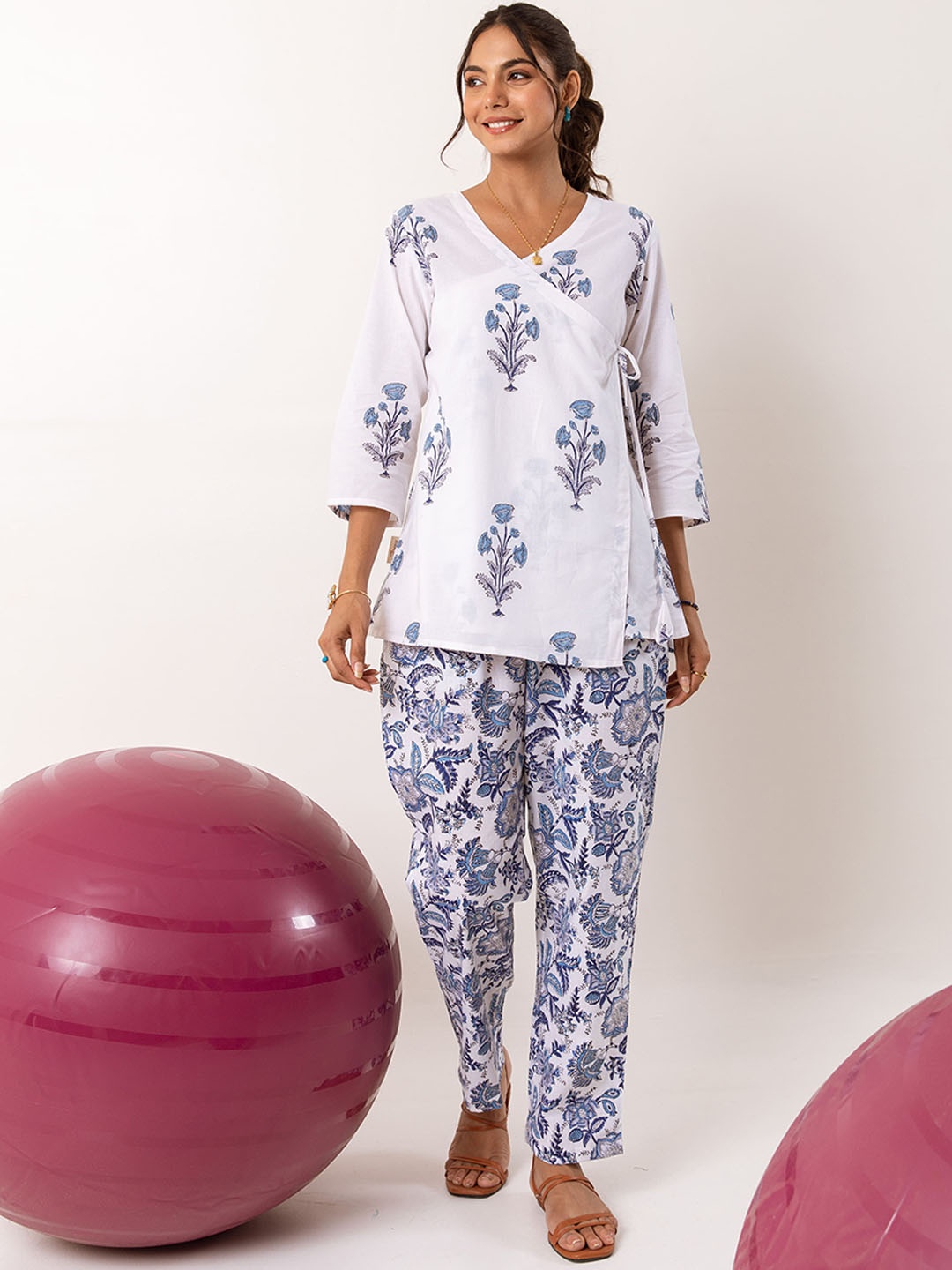 

HUKUM Floral Printed Pure Cotton Angrakha Tunic With Palazzos, White