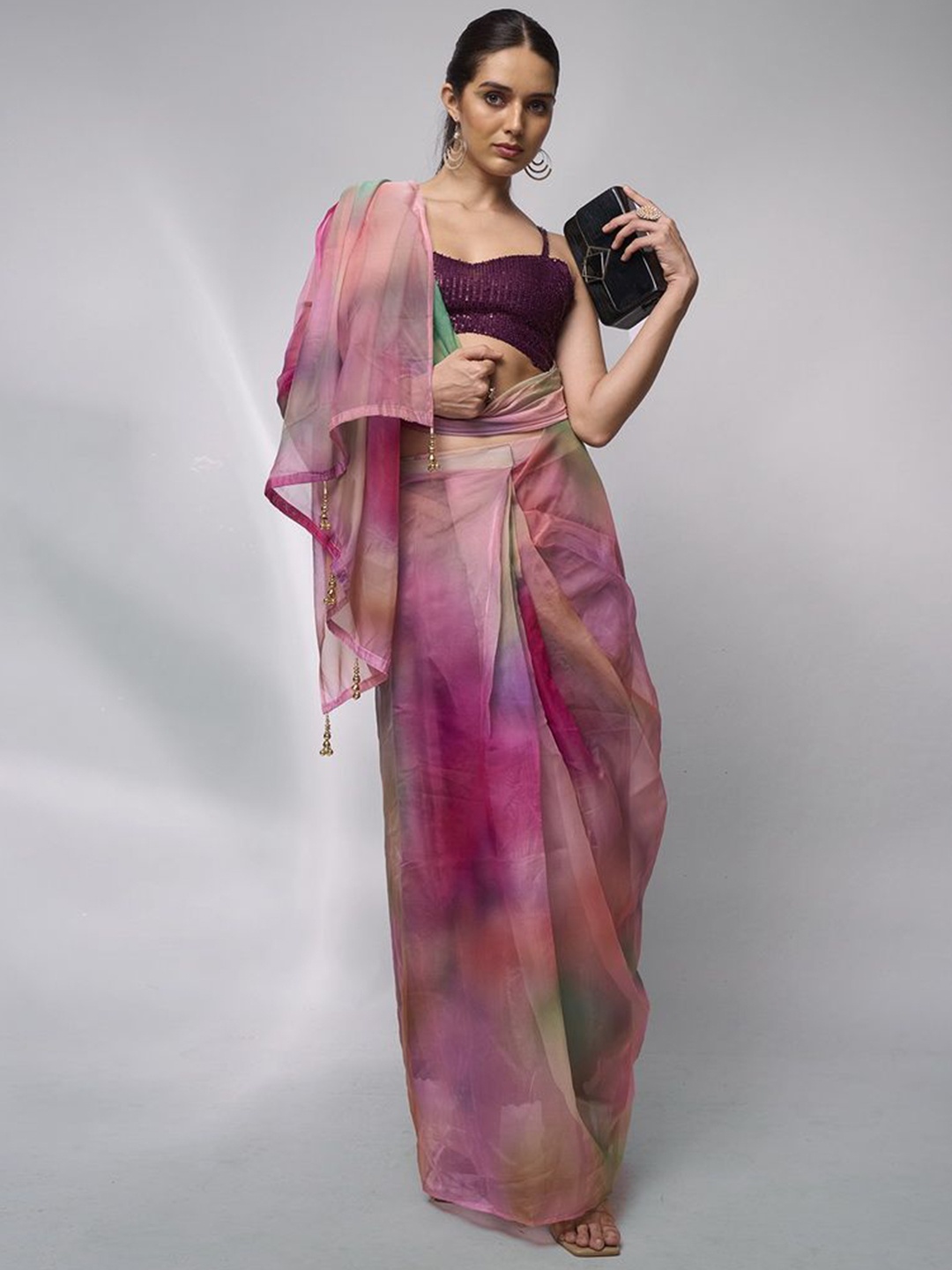 

modeva Tie and Dye Organza Ready to Wear Saree, Pink