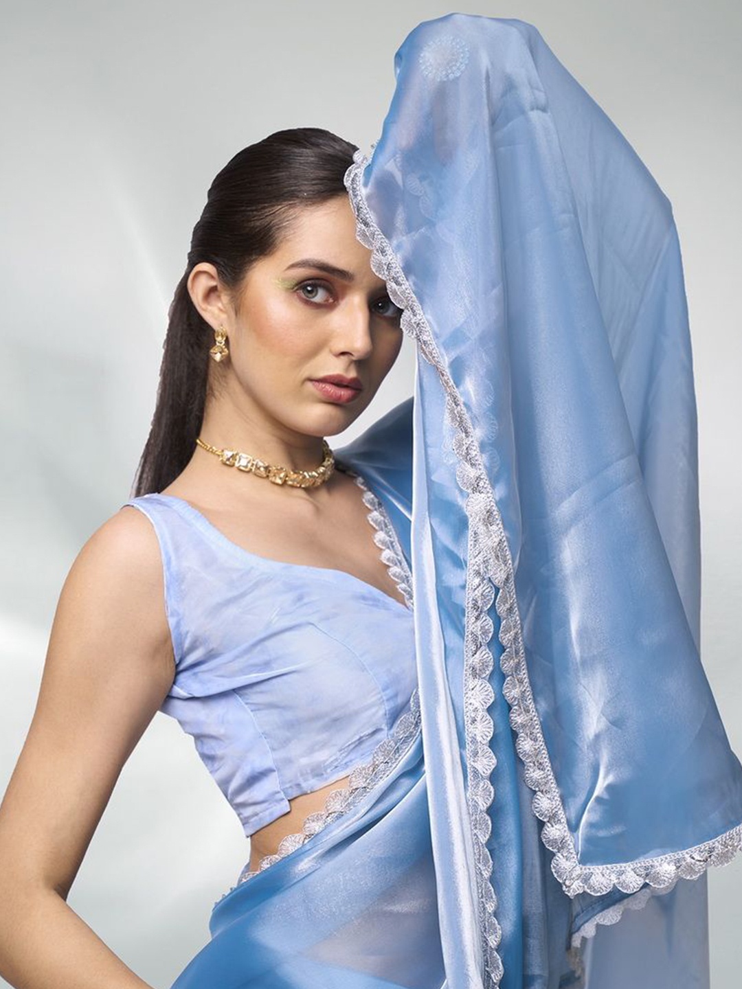 

modeva Sequinned Organza Ready to Wear Saree, Turquoise blue