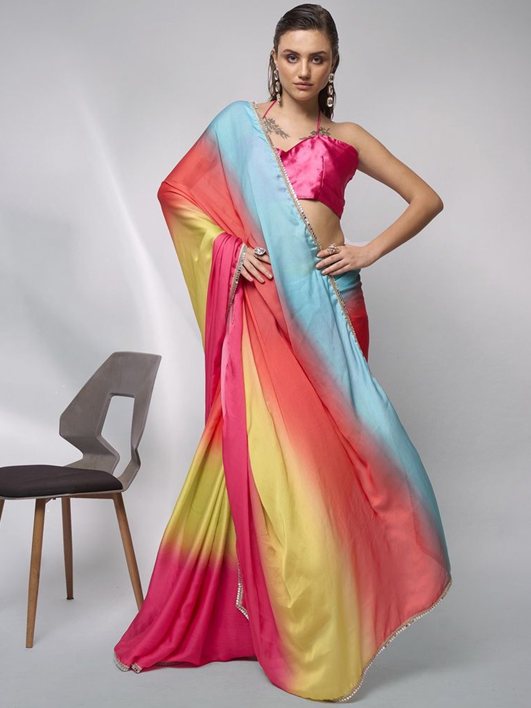 

modeva Ombre Mirror Work Satin Ready to Wear Saree, Pink