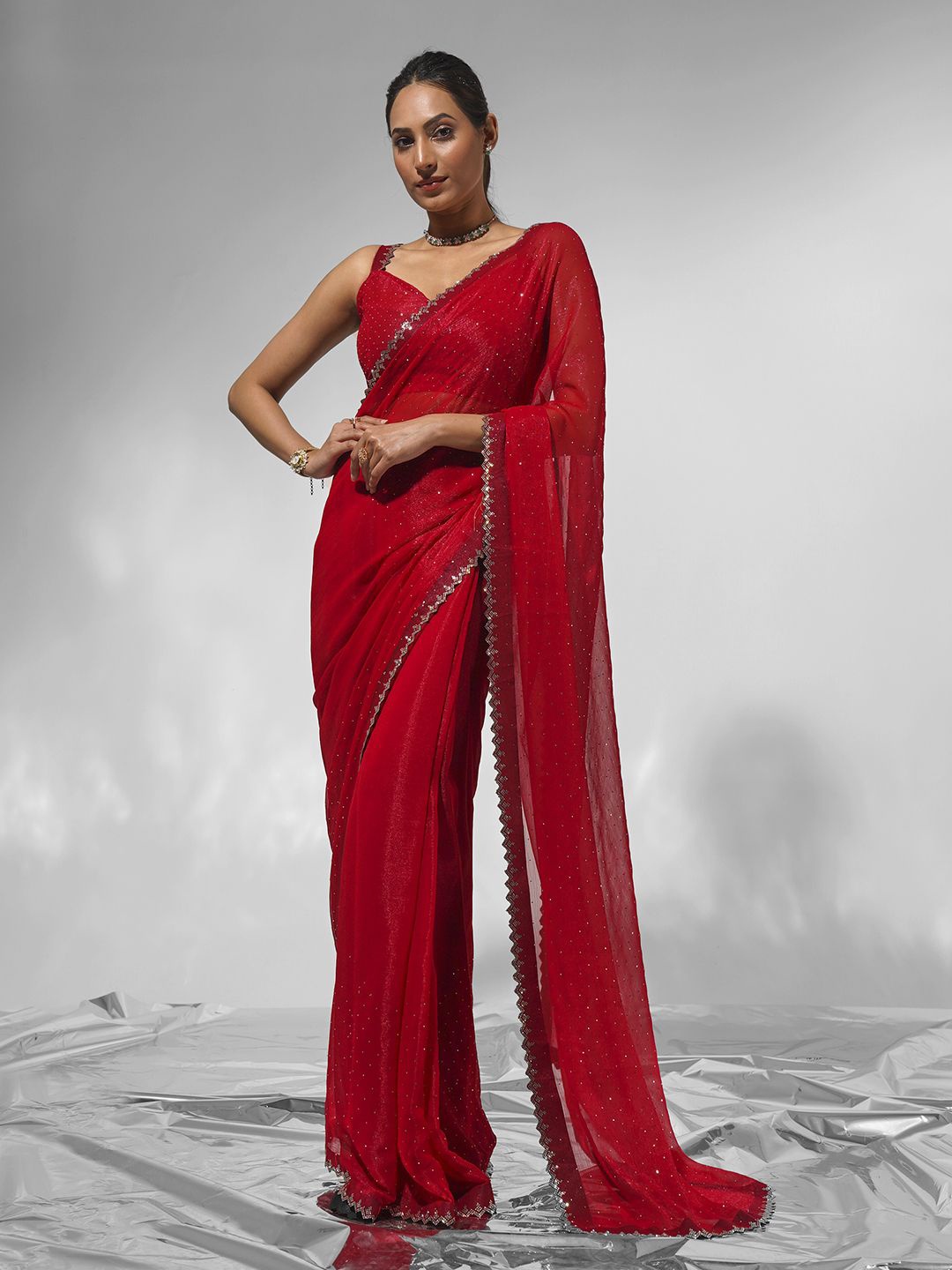 

modeva Embellished Sequinned Satin Ready to Wear Saree, Red