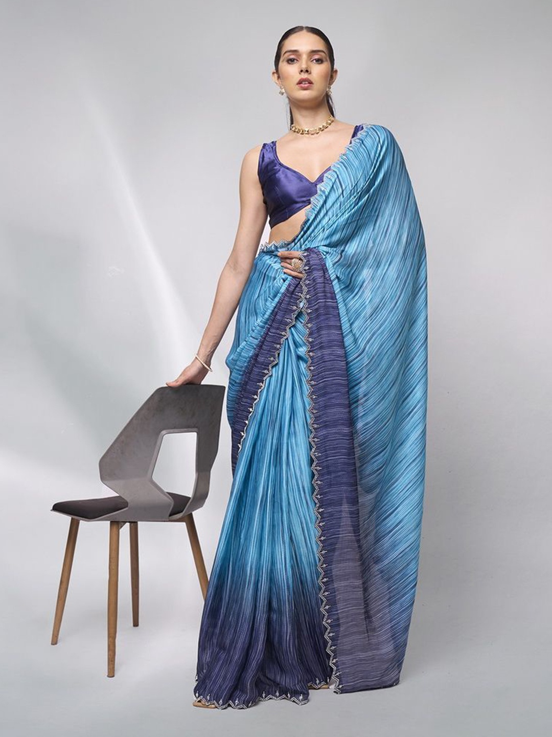 

modeva Ombre Beads and Stones Satin Ready to Wear Saree, Navy blue