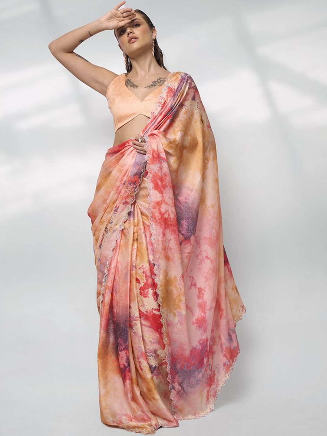 

modeva Tie and Dye Beads and Stones Satin Ready to Wear Saree, Peach
