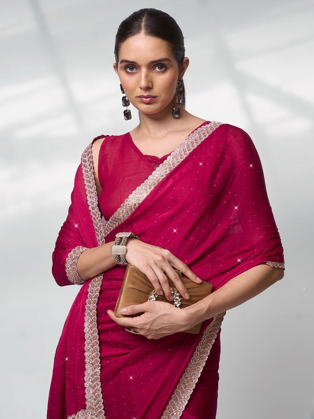 

modeva Embellished Beads and Stones Satin Ready to Wear Saree, Red