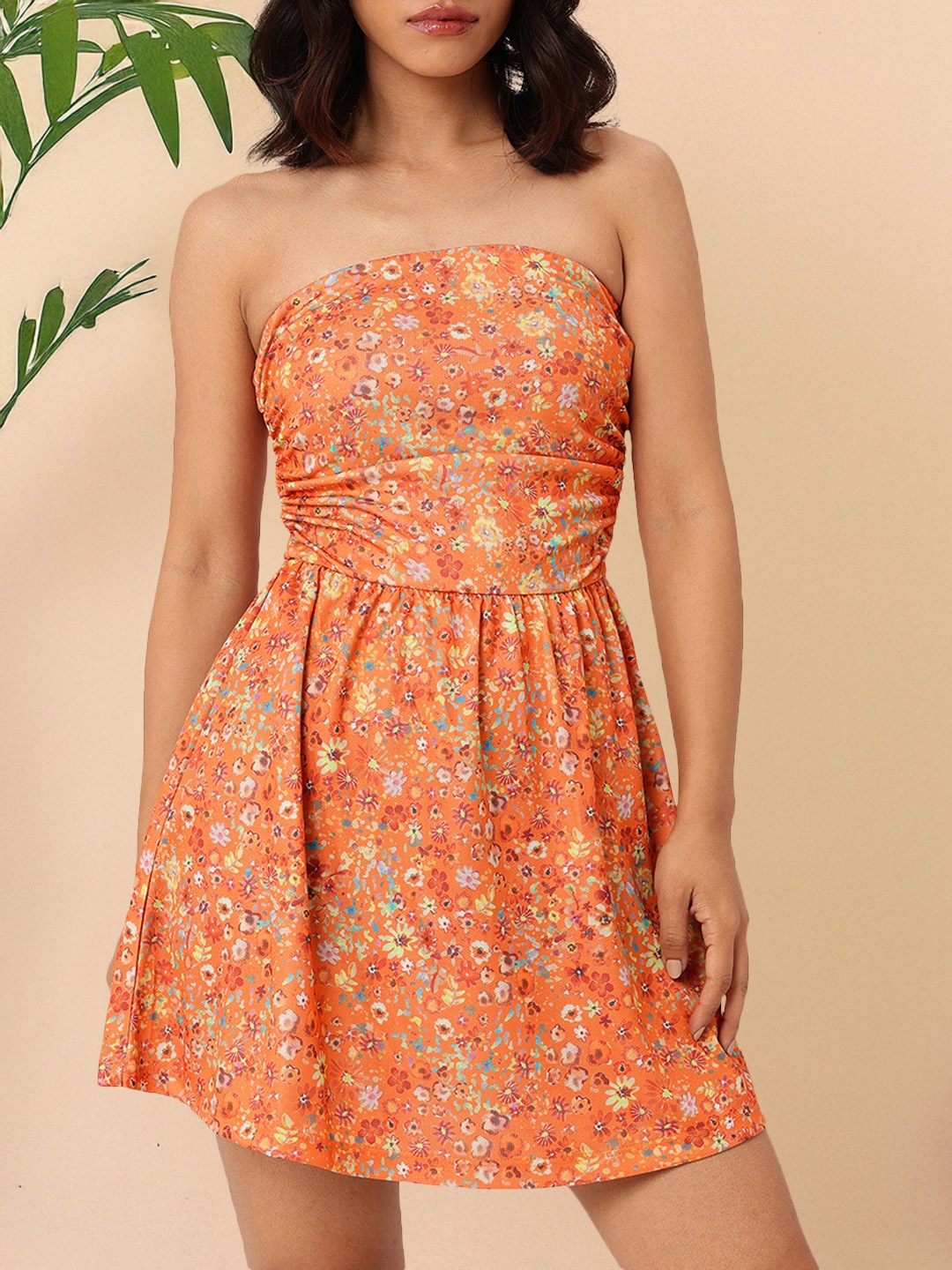 

DressBerry Chic Blooming Printed Gathered Bandeau Mini Dress, Multi