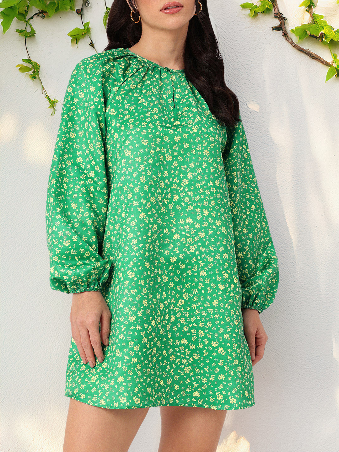 

DressBerry Girlish Bloom Printed Gathered A-Line Mini Dress, Green