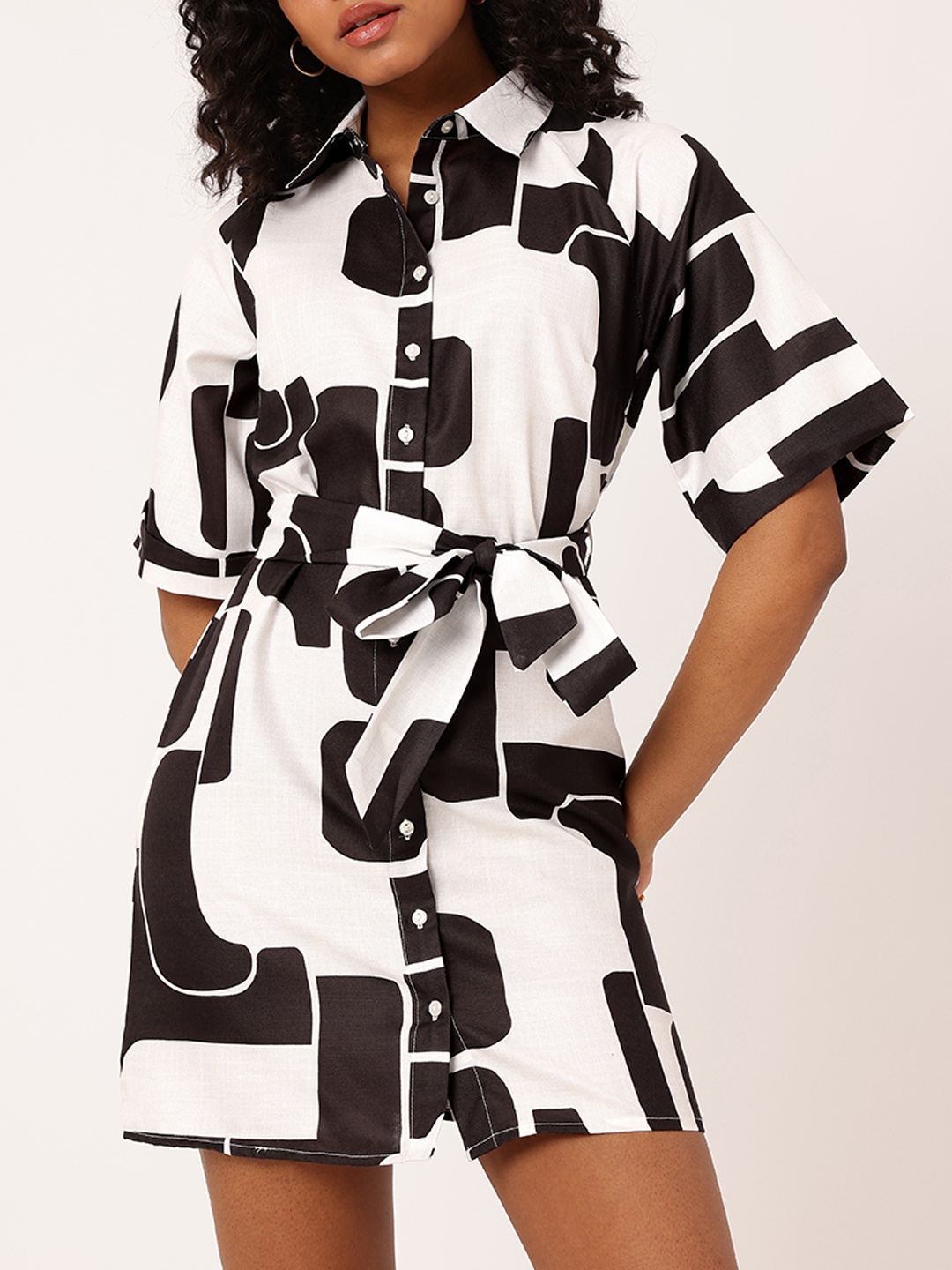 

DressBerry Classic Chic Printed Monochrome Shirt Style Mini Dress With Waist Tie-Up, White