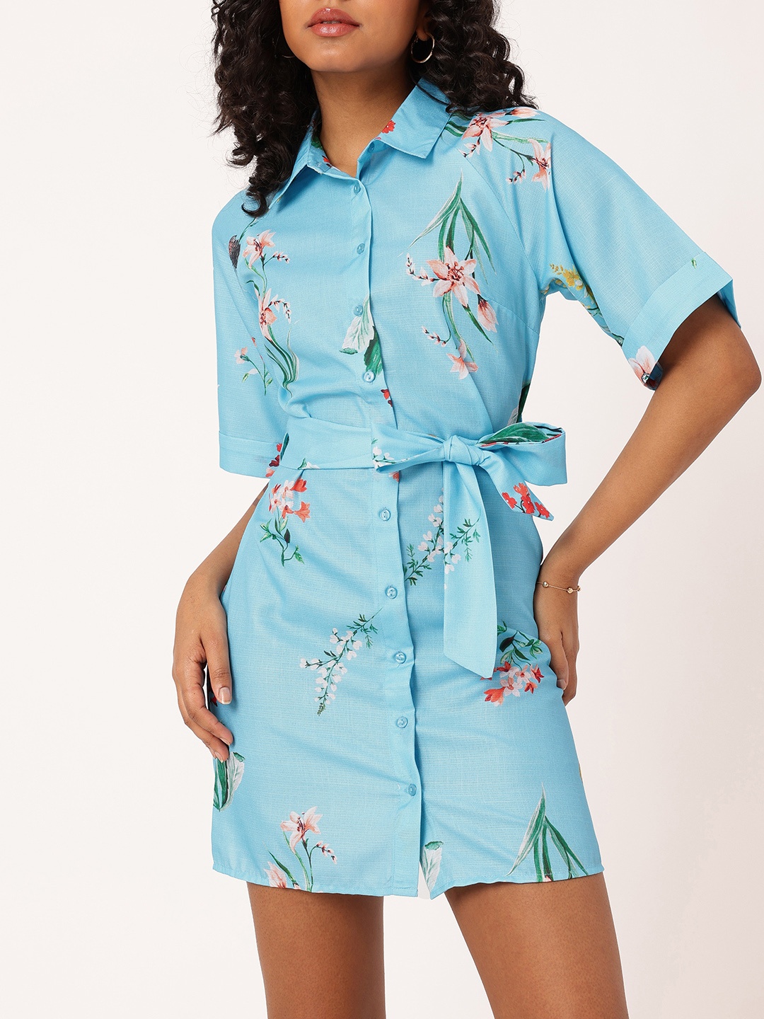 

DressBerry Holiday Chic Floral Printed Shirt Style Mini Dress With Waist Tie-Up, Blue