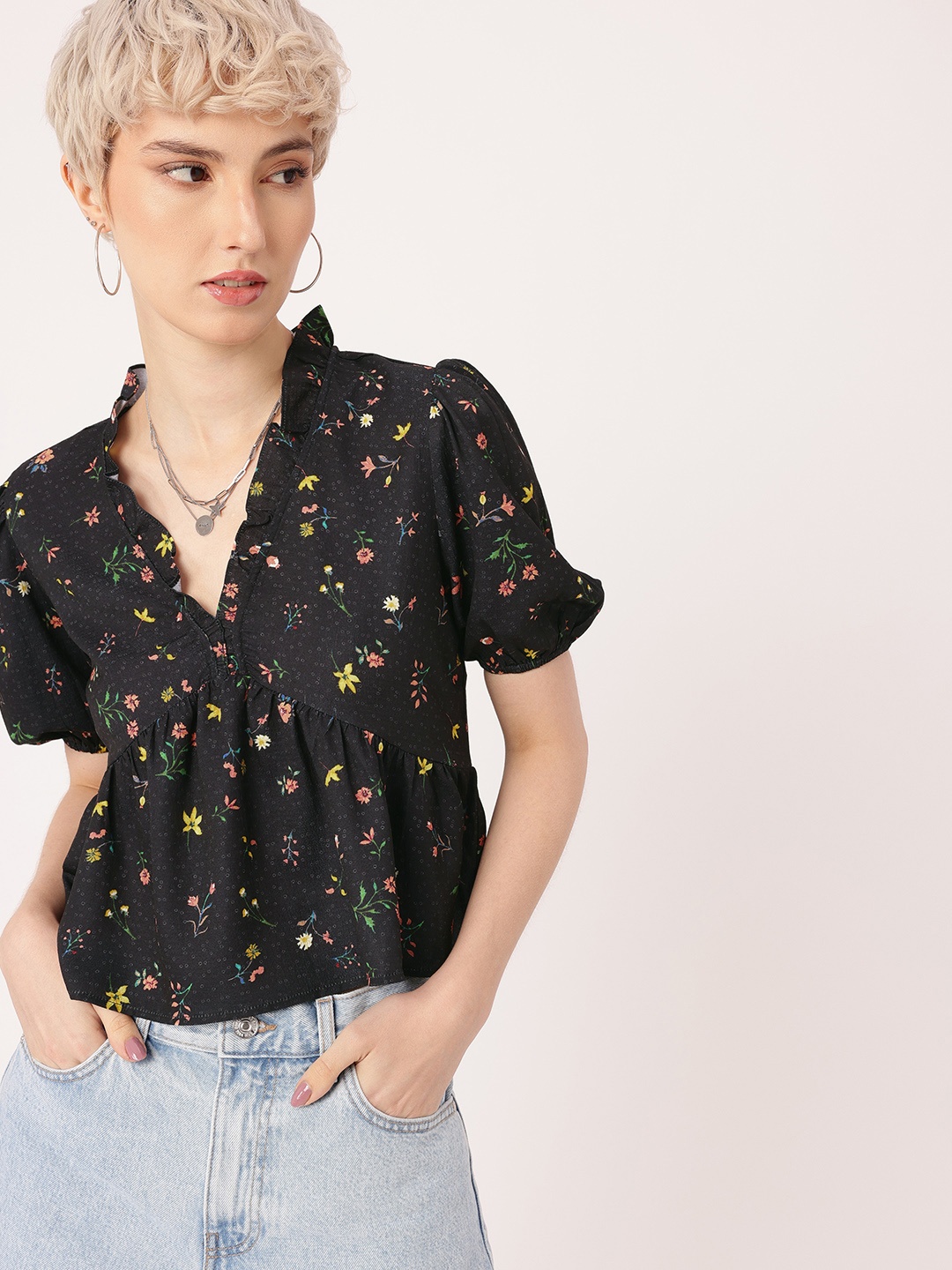 

DressBerry Getaway Ruffle & Gathers Floral Printed A-Line Top, Black