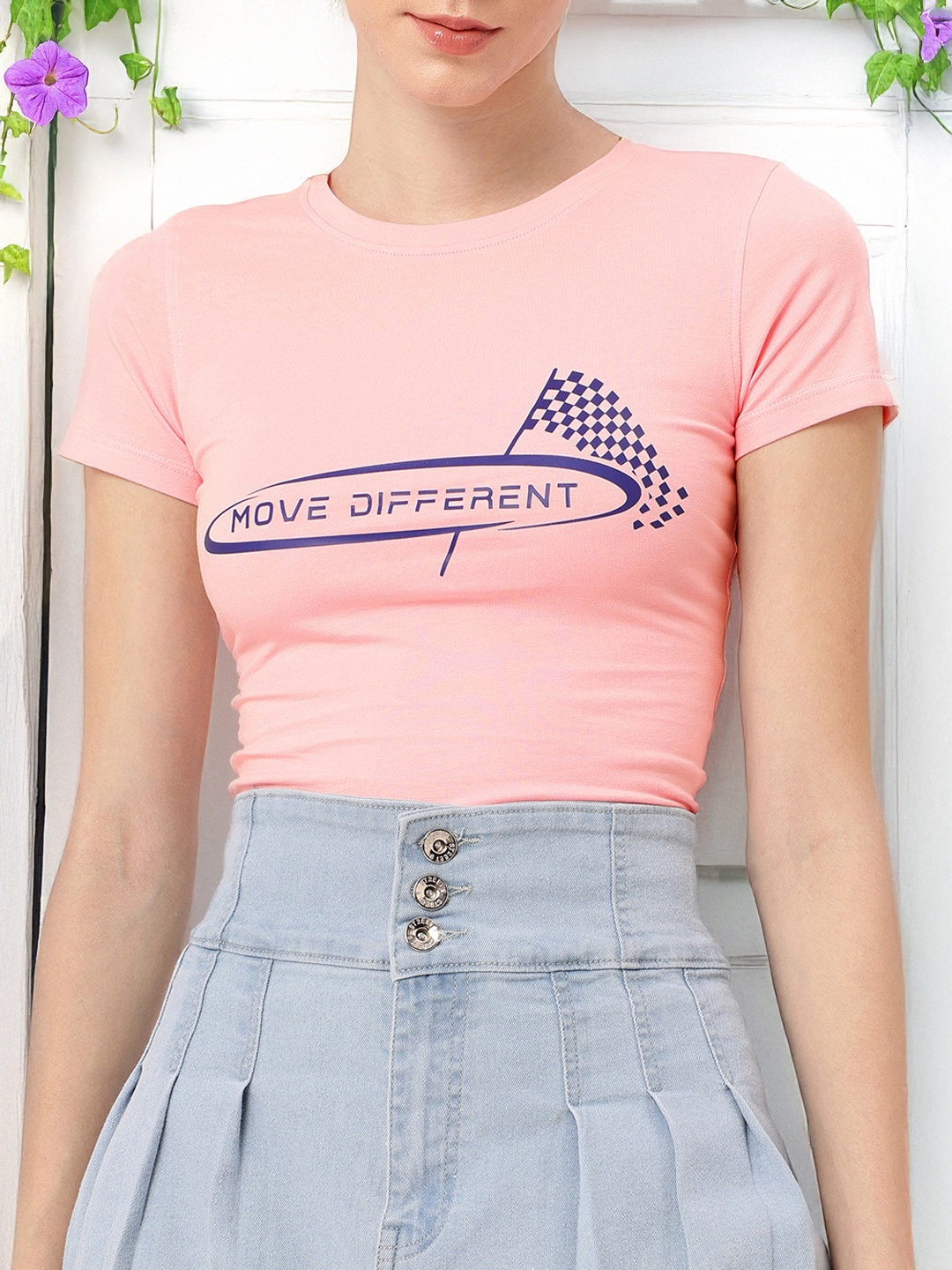 

DressBerry Urban Groove Differently Printed Casual Crop T-shirt, Pink