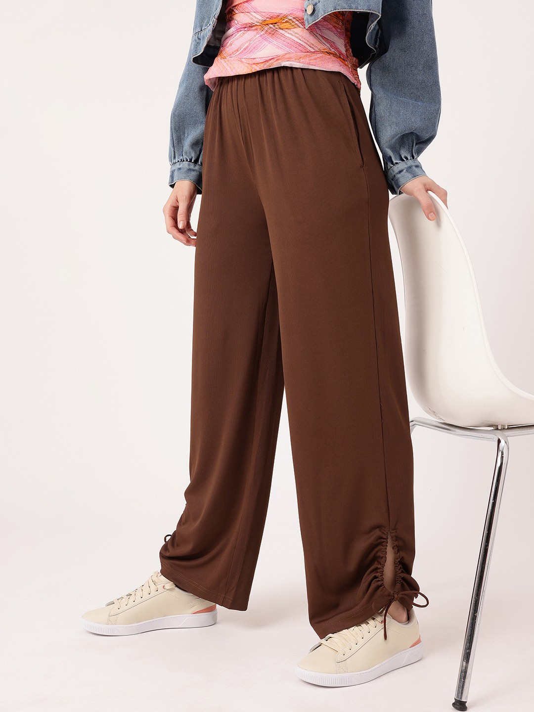 

DressBerry Women Street Glam Ribbed Tie-up Detailed Relaxed Fit Trousers, Brown