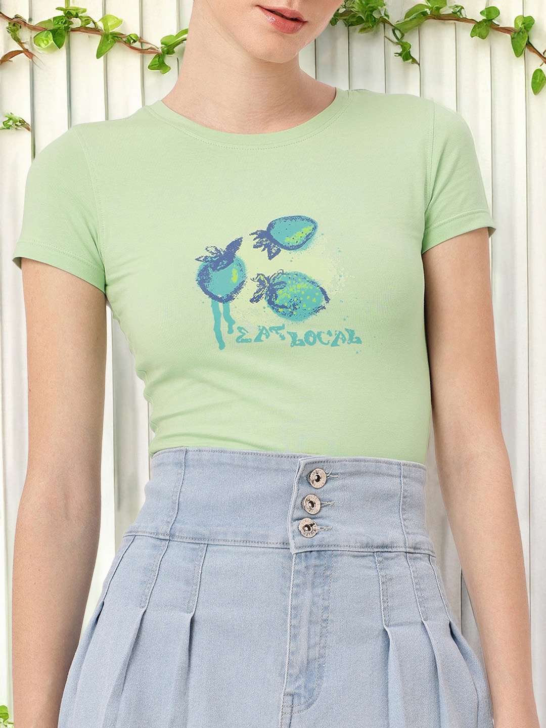 

DressBerry Cute Dining Printed Casual Crop T-shirt, Green